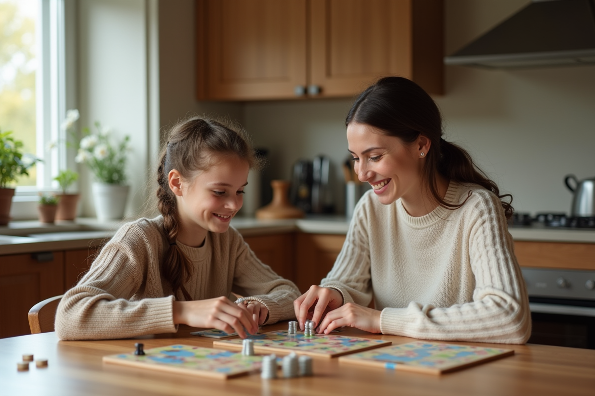 Maman et fille jouant à un jeu de société à la cuisine