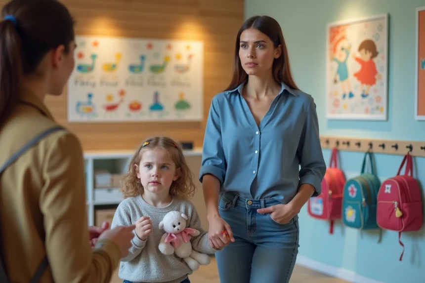 Mère inquiète avec sa fille à la garderie