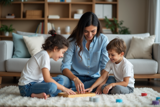 Maman joue à un jeu de société avec ses enfants dans le salon
