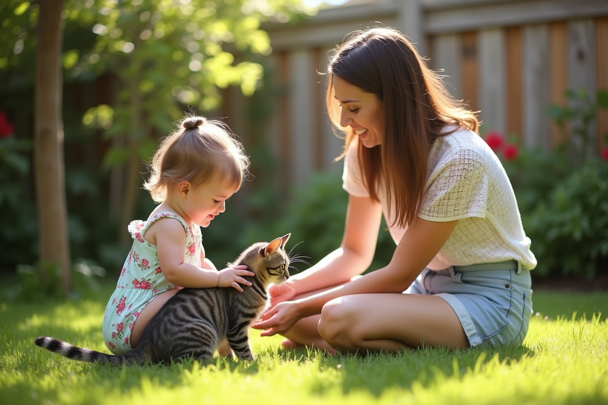 Maman surveille sa fille jouant avec un chat dans le jardin