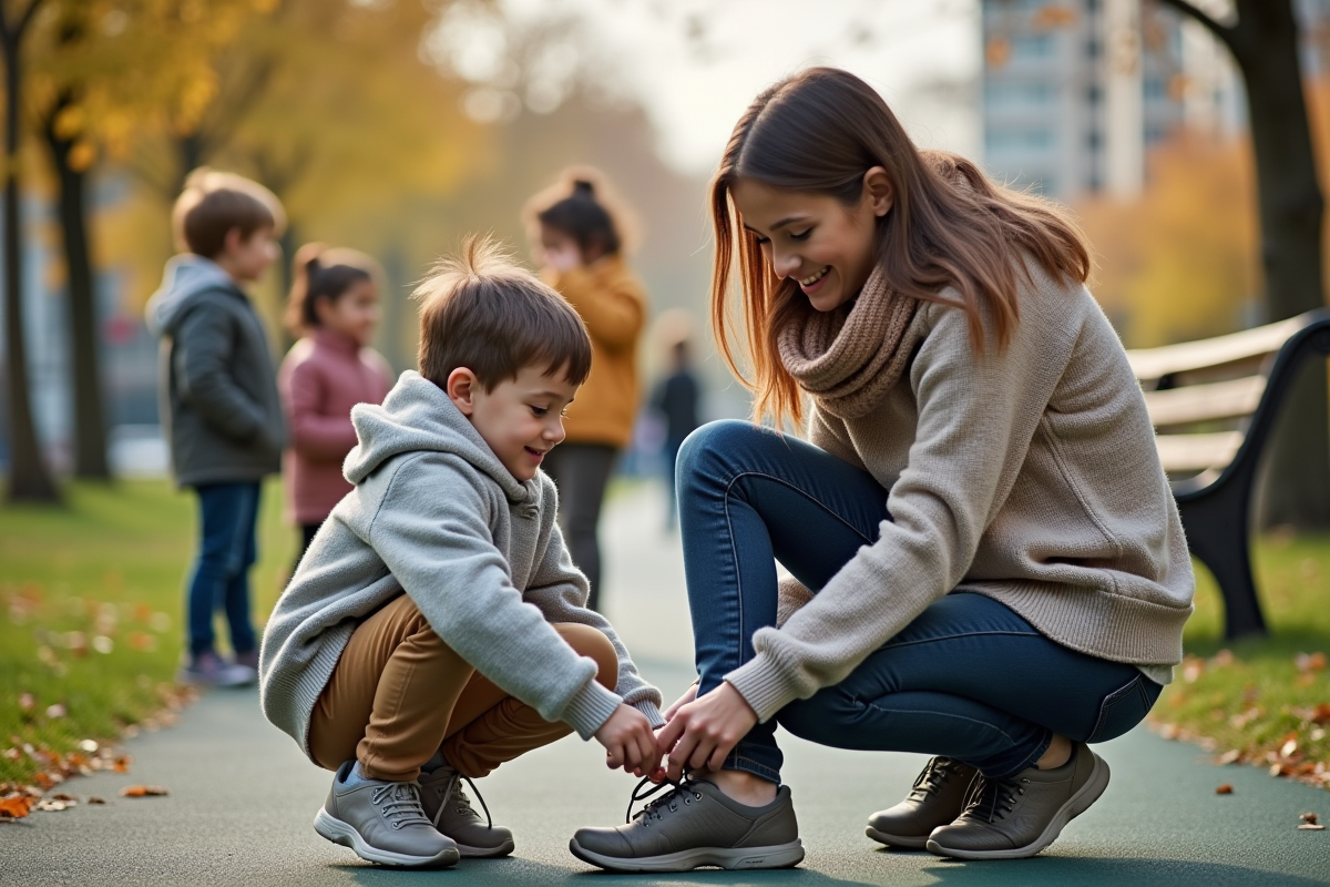 Mère attache le lacet de son fils dans un parc urbain