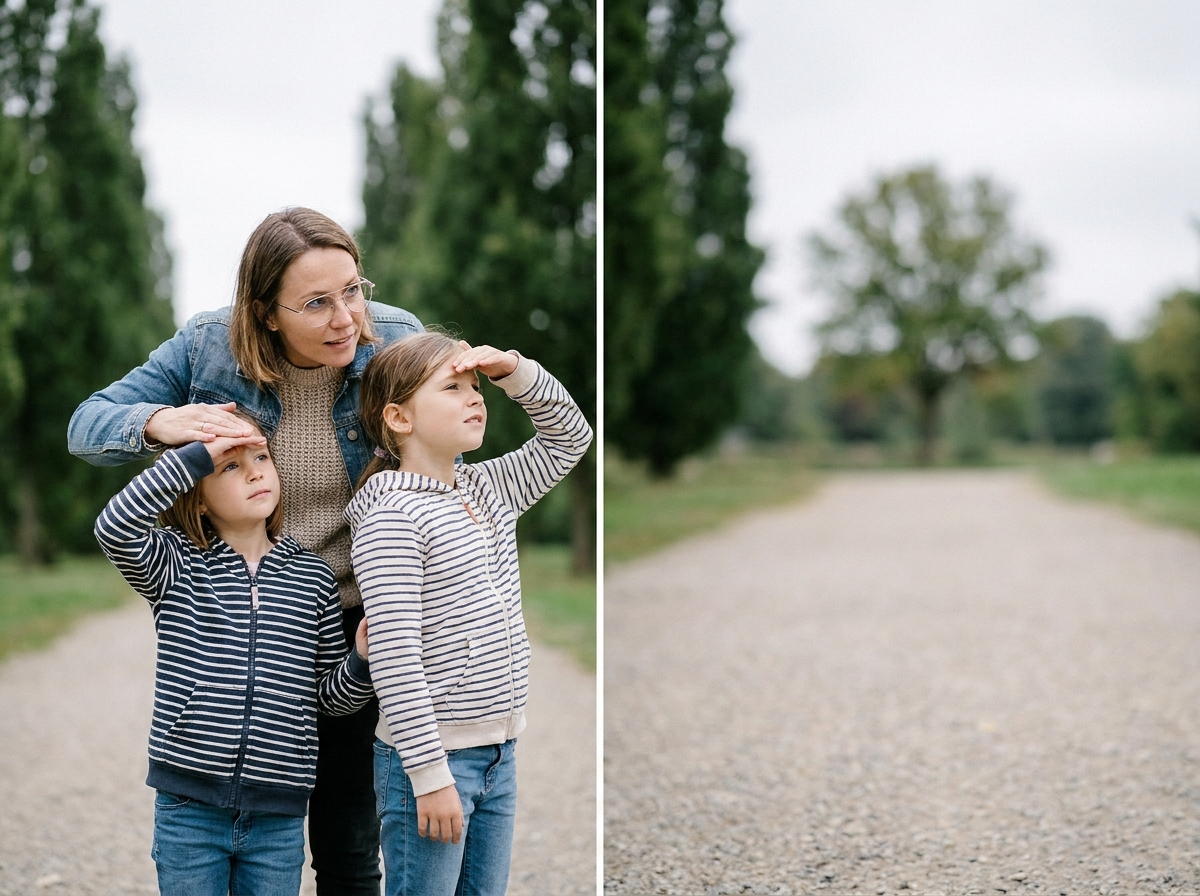 Maman myope avec lunettes fines montrant à sa fille comment observer au loin dans un parc verdoyant