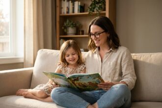 Maman myope portant des lunettes lisant un livre illustré avec sa fille sur un canapé beige dans un salon chaleureux