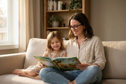 Maman myope portant des lunettes lisant un livre illustré avec sa fille sur un canapé beige dans un salon chaleureux