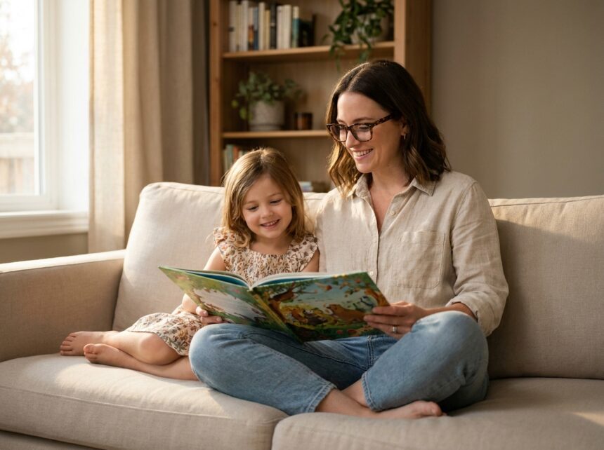 Maman myope portant des lunettes lisant un livre illustré avec sa fille sur un canapé beige dans un salon chaleureux