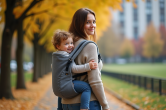 Jeune maman portant son enfant dans un sac à dos en plein air