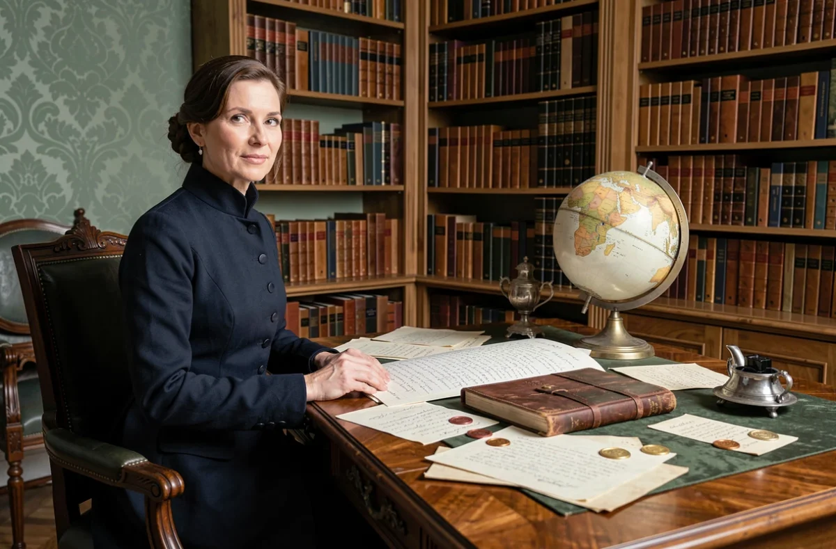 Femme en tenue victorienne assise à un bureau impérial couvert de lettres manuscrites et de sceaux, illustrant la vie privée et la personnalité de Marie Valérie d'Autriche