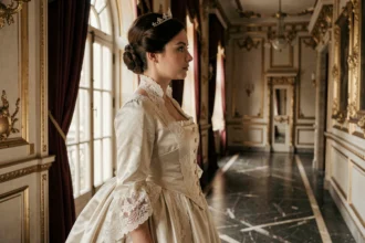 Portrait d'une jeune aristocrate en robe de cour austro-hongroise du XIXe siècle dans un couloir de palais impérial, évoquant la destinée de Marie Valérie fille de Sissi
