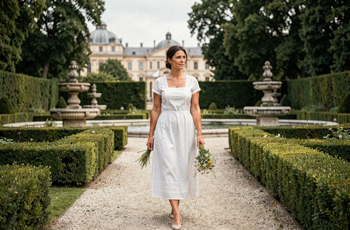Femme en robe de lin blanc se promenant dans un jardin impérial baroque, bouquet de fleurs à la main, illustration poétique de la vie retirée de Marie Valérie fille de l'impératrice Sissi