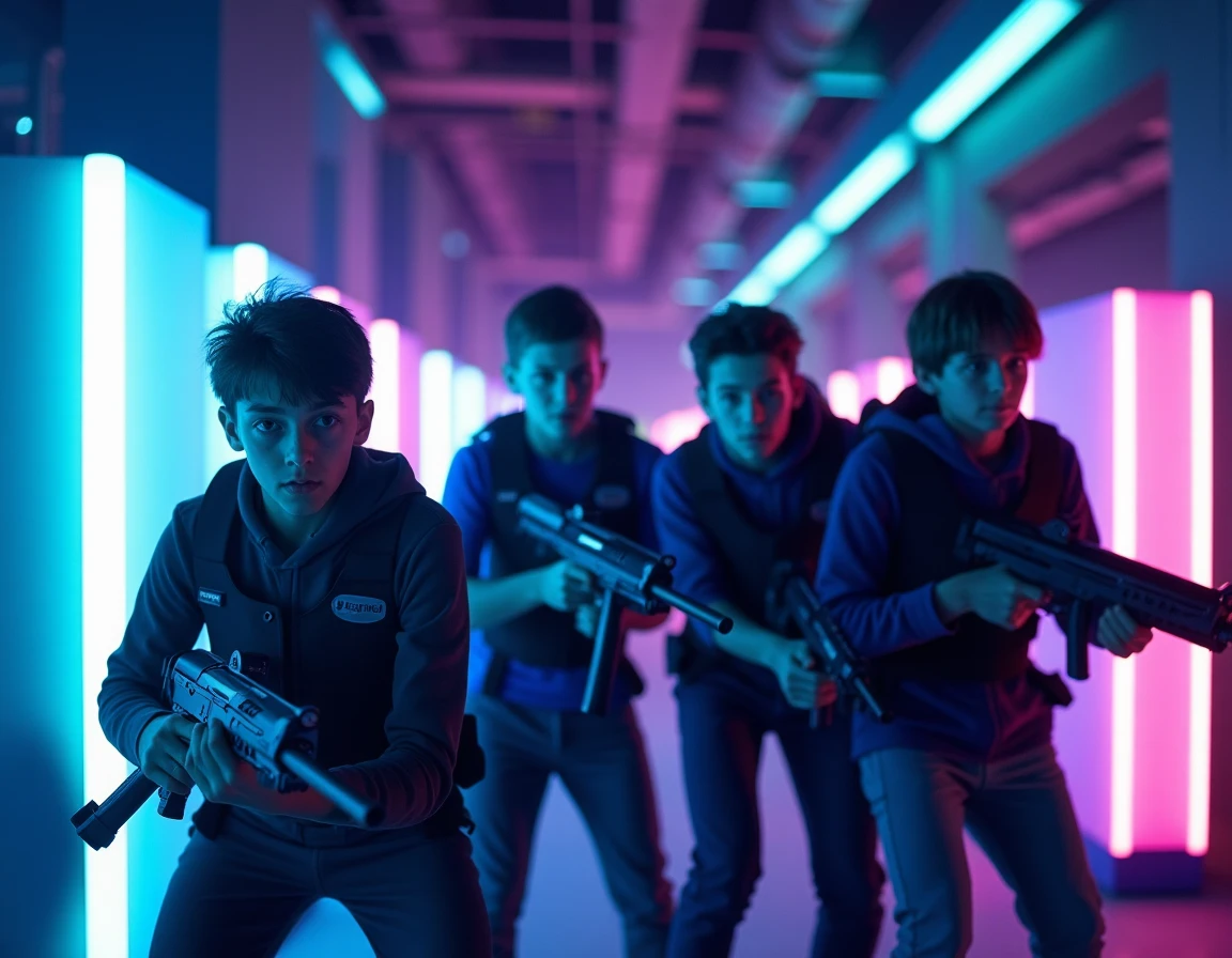 Adolescents en plein jeu de laser game dans l'arène futuriste de Megazone à Cergy