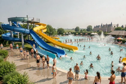 Vue panoramique d'un parc aquatique dans les Hauts-de-France avec toboggans colorés et familles en plein été