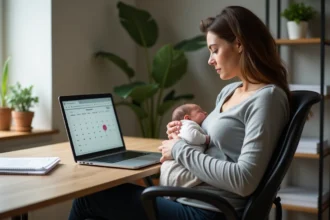 Mère allaitante en télétravail regardant son calendrier professionnel tout en tenant son bébé, illustrant le dilemme entre congé maternité et temps partiel pour allaitement