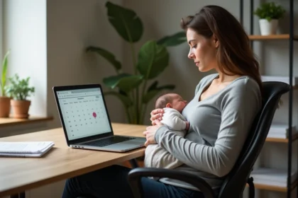 Mère allaitante en télétravail regardant son calendrier professionnel tout en tenant son bébé, illustrant le dilemme entre congé maternité et temps partiel pour allaitement