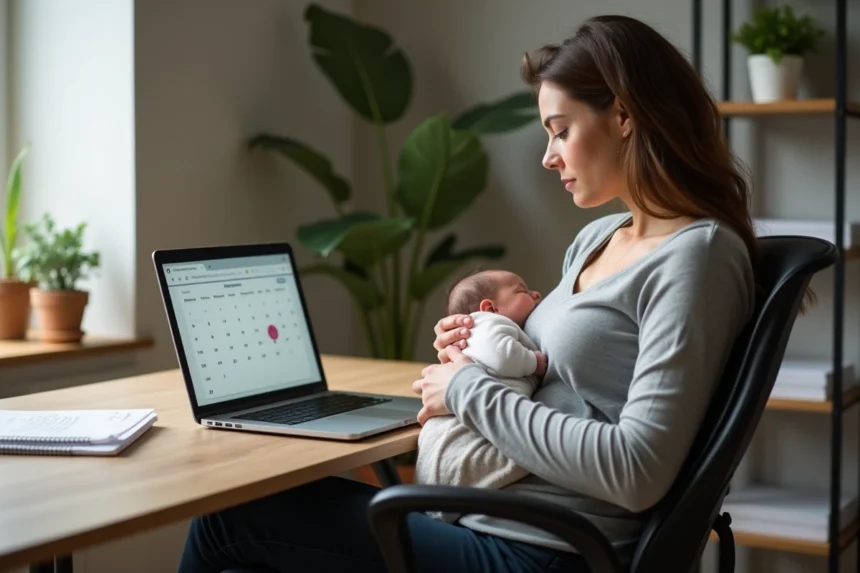 Mère allaitante en télétravail regardant son calendrier professionnel tout en tenant son bébé, illustrant le dilemme entre congé maternité et temps partiel pour allaitement