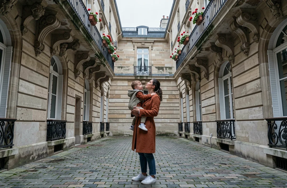 Mère portant son bébé dans une cour haussmannienne parisienne calme et sans foule