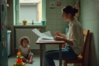 Mère célibataire consultant des documents administratifs sur le RSA majoré à sa table de cuisine avec son enfant en bas âge