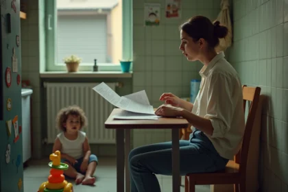 Mère célibataire consultant des documents administratifs sur le RSA majoré à sa table de cuisine avec son enfant en bas âge