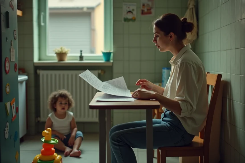 Mère célibataire consultant des documents administratifs sur le RSA majoré à sa table de cuisine avec son enfant en bas âge