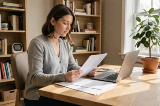 Mère en congé parental révisant des documents administratifs pour négocier un temps partiel à son bureau à domicile