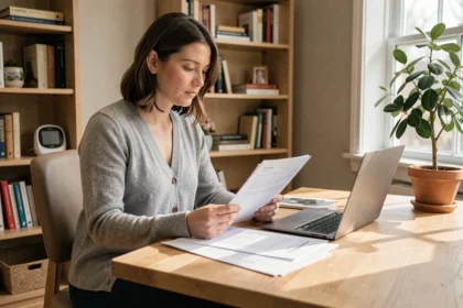Mère en congé parental révisant des documents administratifs pour négocier un temps partiel à son bureau à domicile