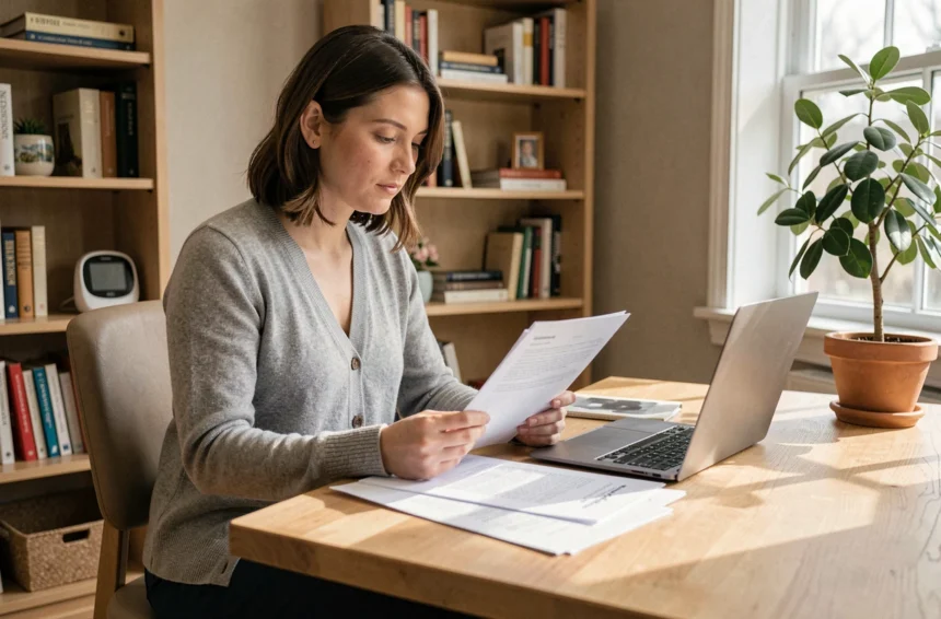 Mère en congé parental révisant des documents administratifs pour négocier un temps partiel à son bureau à domicile