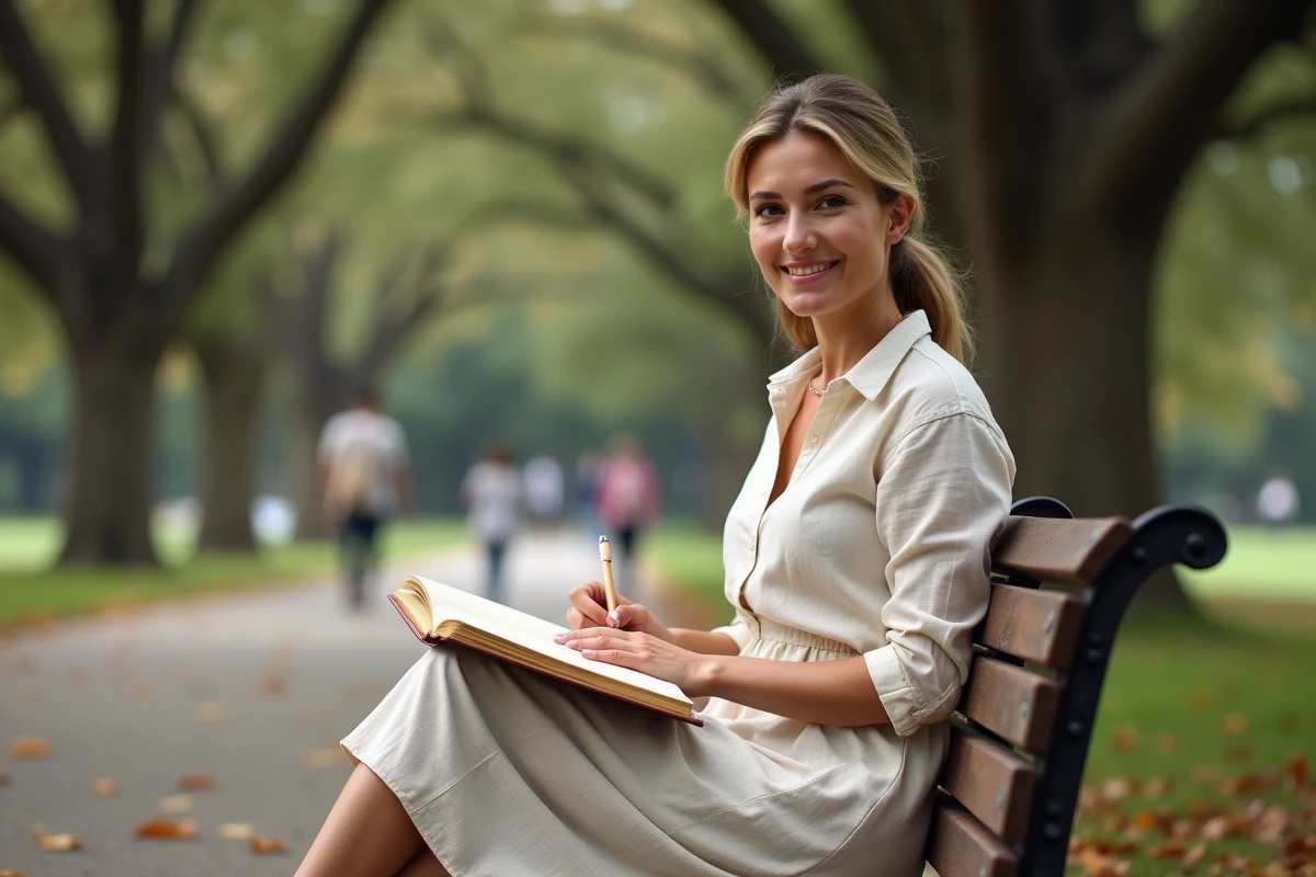 Mère inspirée notant des citations sur l'enfance dans un journal lors d'une préparation de discours dans un parc automnal