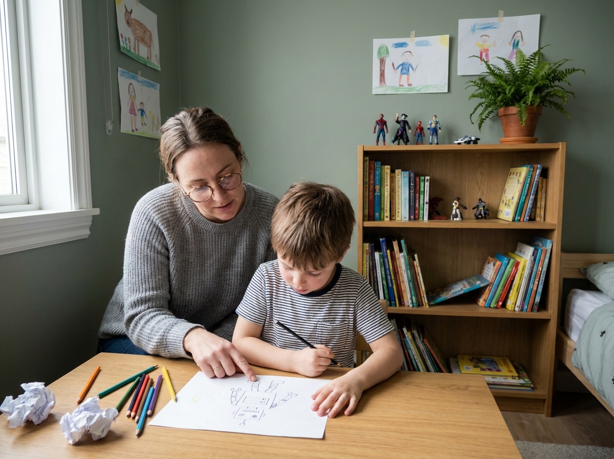 Mère myope avec lunettes aidant son fils à dessiner à un bureau en bois dans une chambre d'enfant lumineuse