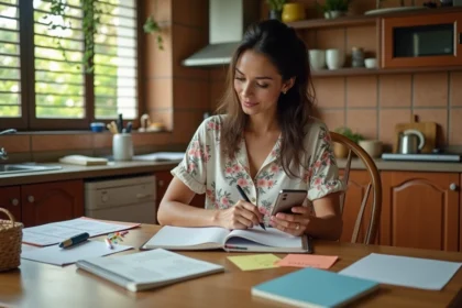Mère réunionnaise planifiant les vacances scolaires 2026 à La Réunion sur un calendrier posé sur une table en bois