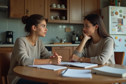 Femme et fille discutent à la cuisine chaleureuse