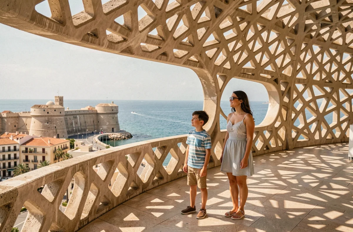 Un enfant et sa mère admirant la vue depuis la terrasse en résille du Mucem à Marseille avec le fort Saint-Jean en arrière-plan