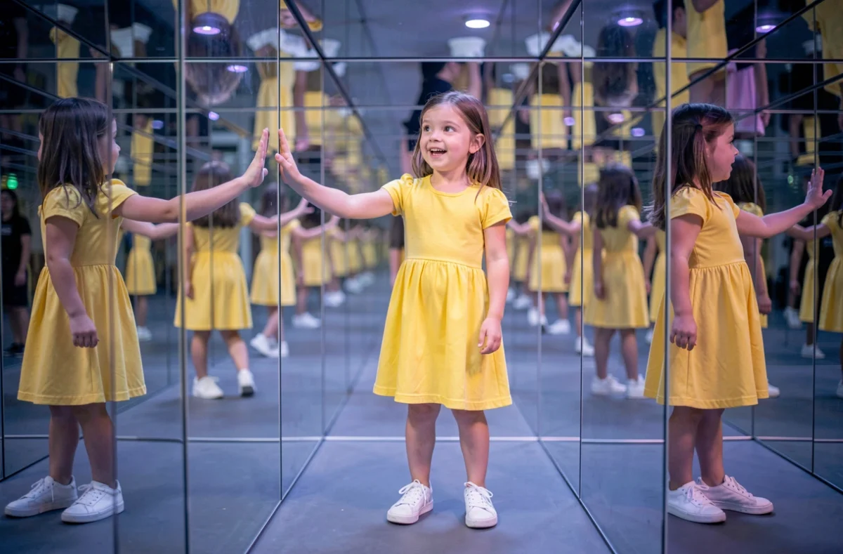 Jeune fille émerveillée dans la salle des miroirs infinis du Musée des Illusions de Marseille