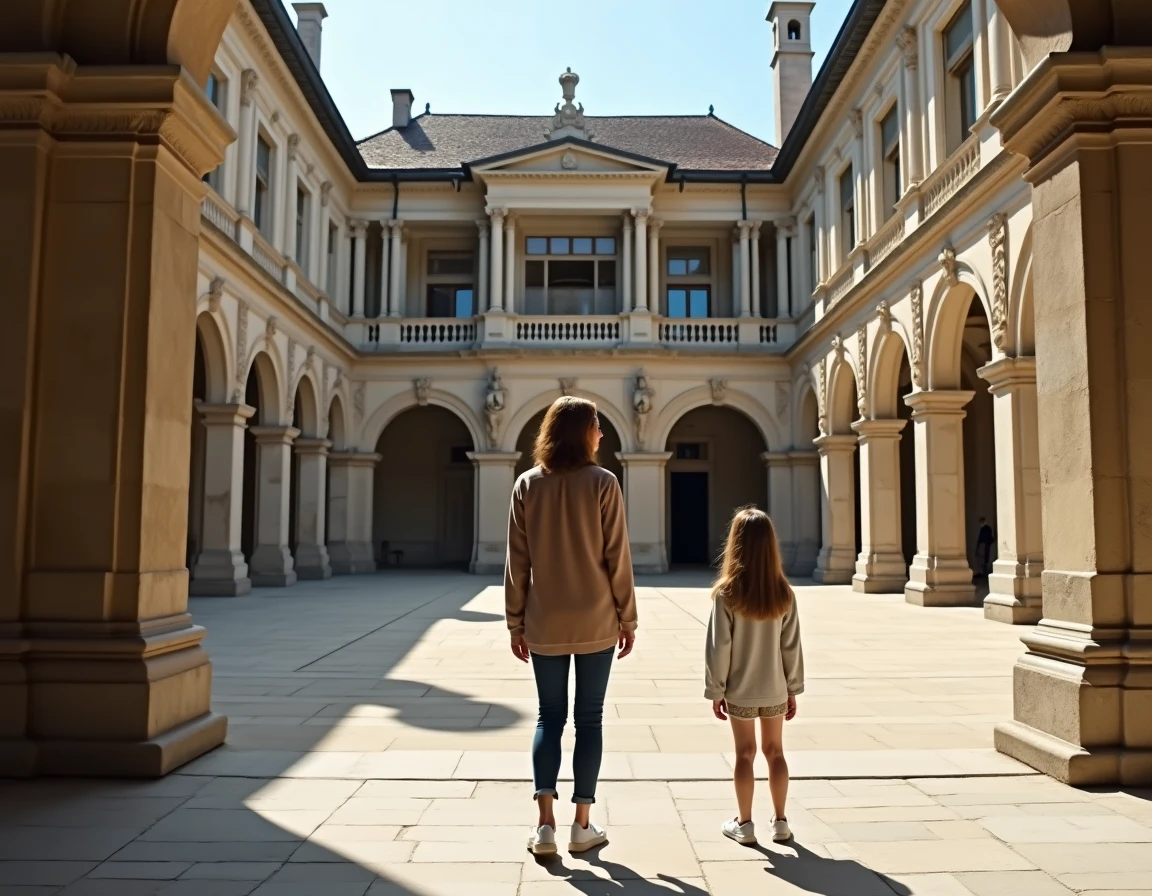 Femme et adolescente admirant la cour intérieure Renaissance du château d'Écouen, siège du Musée de la Renaissance
