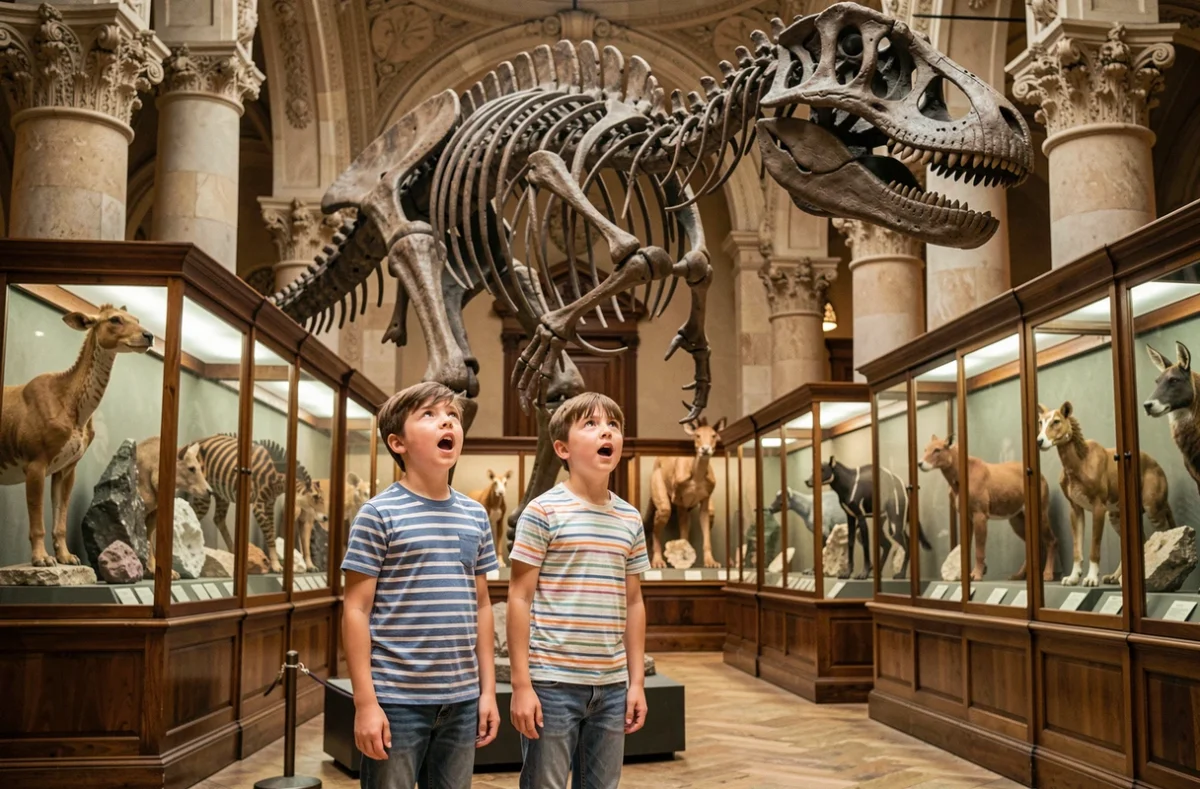 Deux enfants émerveillés devant un squelette de dinosaure au Muséum d'Histoire naturelle de Marseille