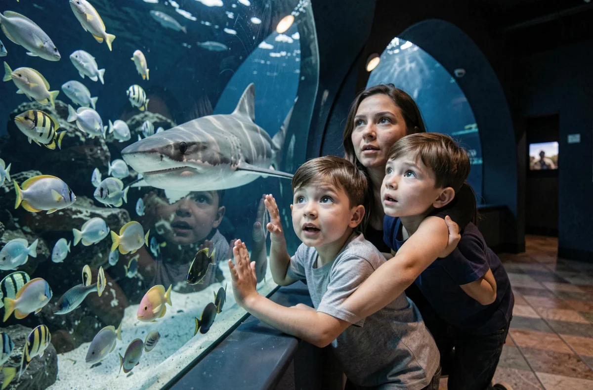 Famille émerveillée devant les grands aquariums de Nausicaá à Boulogne-sur-Mer