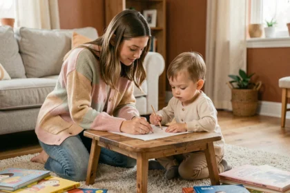 Nounou de confiance jouant avec un enfant en bas âge dans un salon familial chaleureux