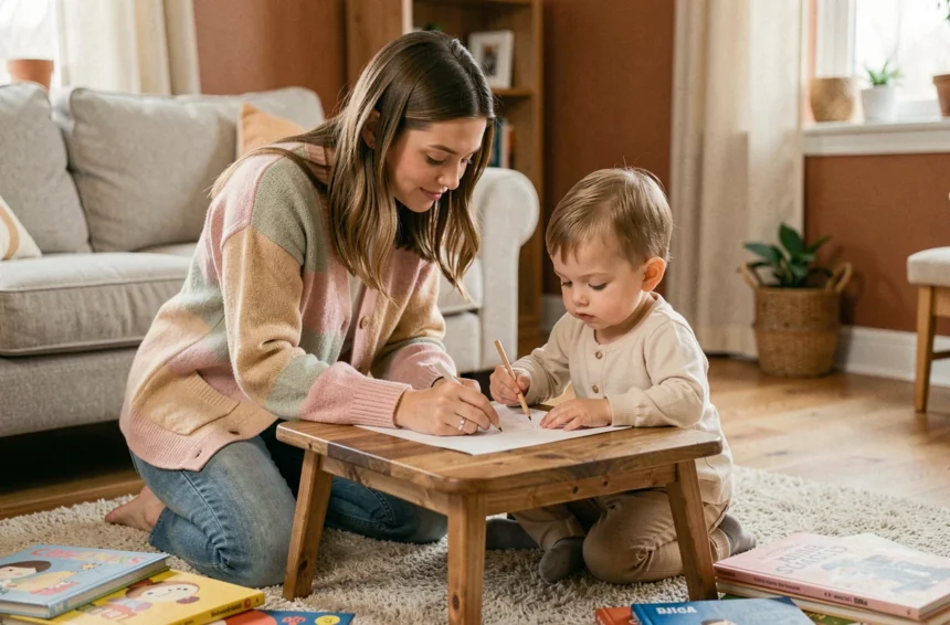 Nounou de confiance jouant avec un enfant en bas âge dans un salon familial chaleureux