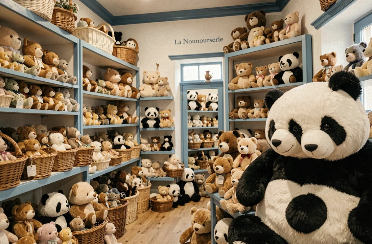 Boutique La Nounourserie à Biarritz avec des peluches artisanales de toutes tailles dans une décoration basque côtière