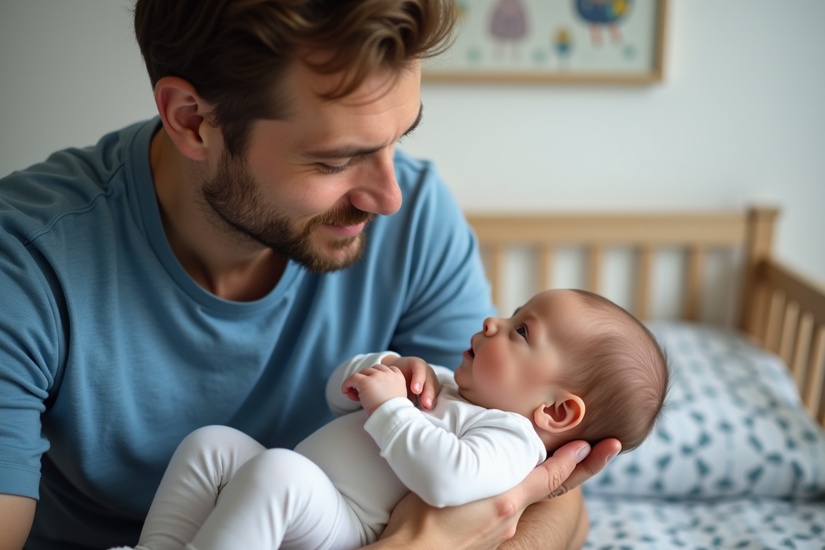 Pere vérifiant le bébé dans une chambre moderne