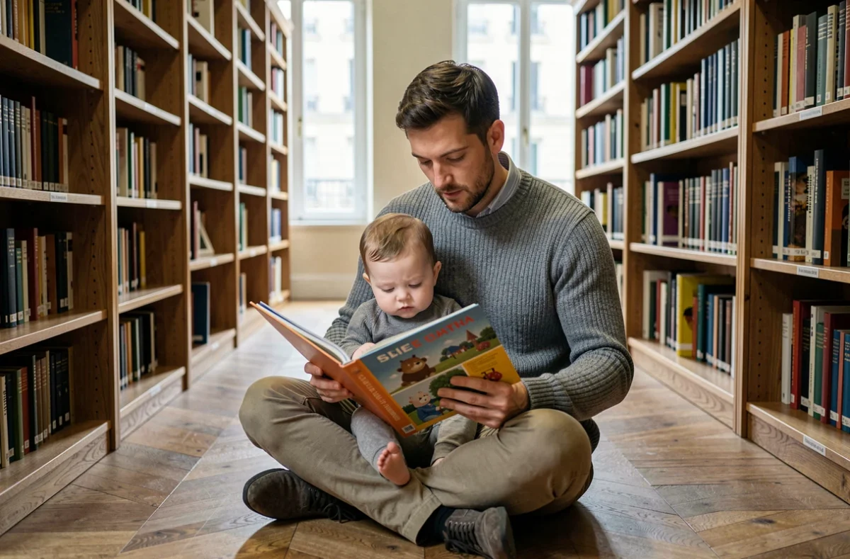 Papa et bébé d'un an découvrant des livres dans une bibliothèque parisienne tranquille