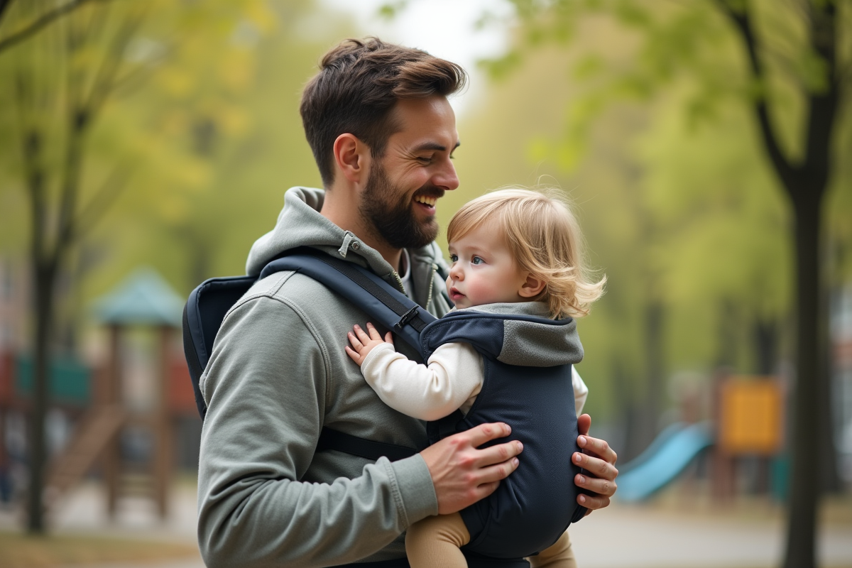 Papa ajuste un porte-bébé pour sa fille dans un parc urbain