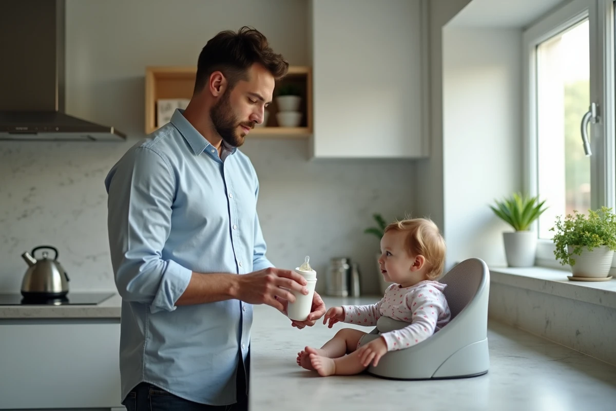Père préparant un biberon avec sa fille dans la cuisine moderne