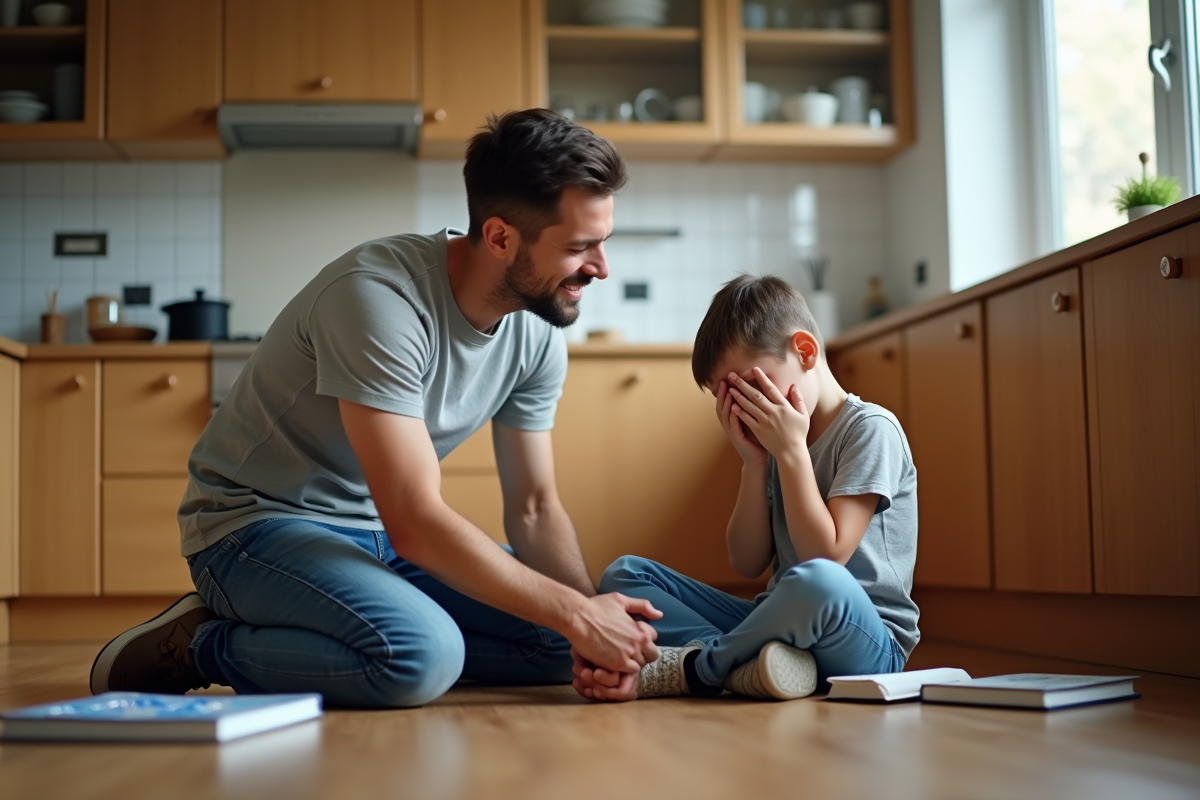 Papa consolant son fils triste dans la cuisine moderne