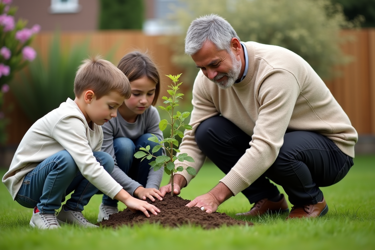 Papa plante un arbre avec ses enfants dans le jardin