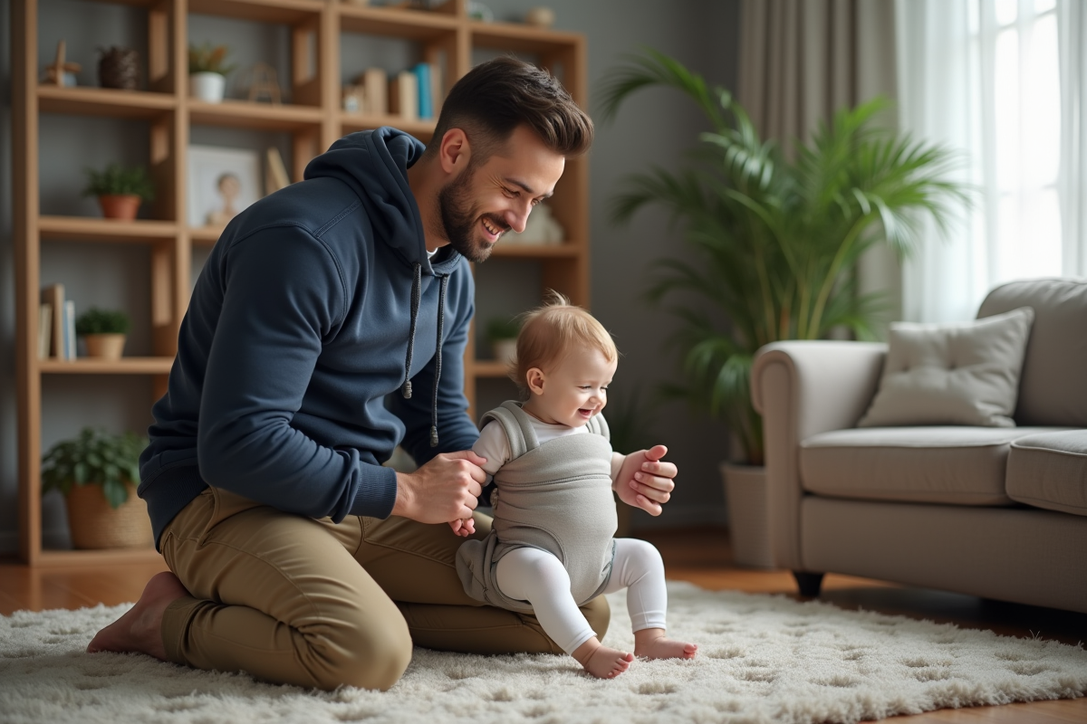 Papa ajustant un porte-bébé dans un salon chaleureux