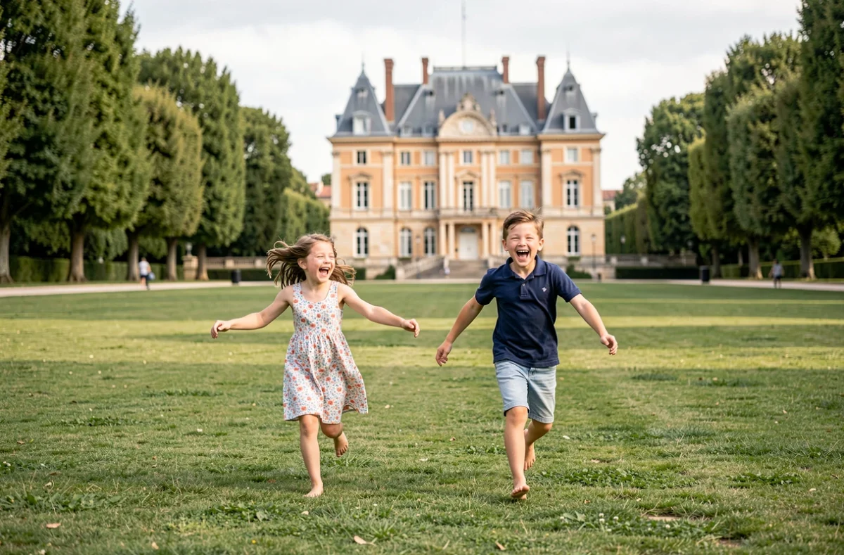 Deux enfants courant pieds nus sur la pelouse du Parc Borély à Marseille avec le château en arrière-plan