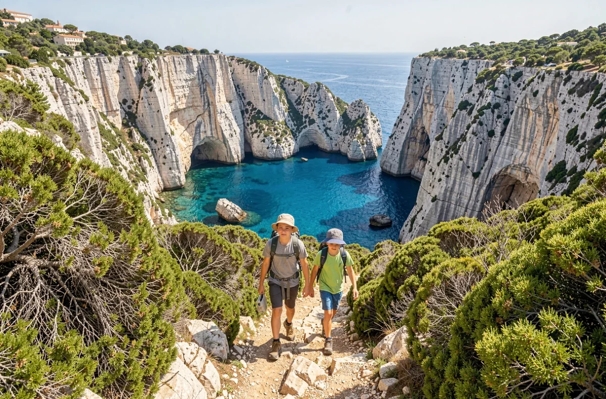 Famille avec enfants randonnant sur un sentier rocheux avec vue sur les calanques turquoise de Marseille