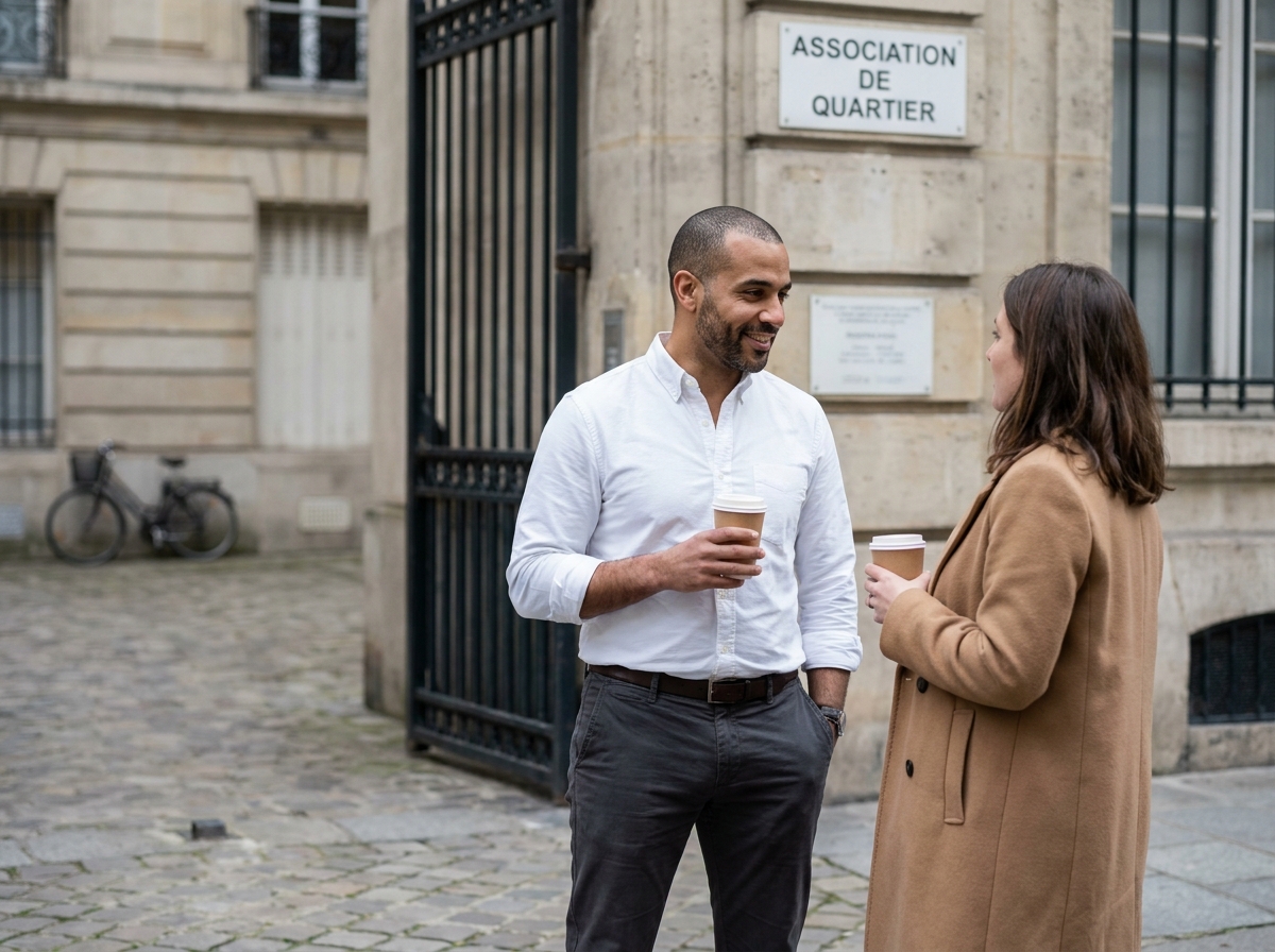 Parents discutant devant les locaux de l'association Apprends et Rêve dans un quartier parisien