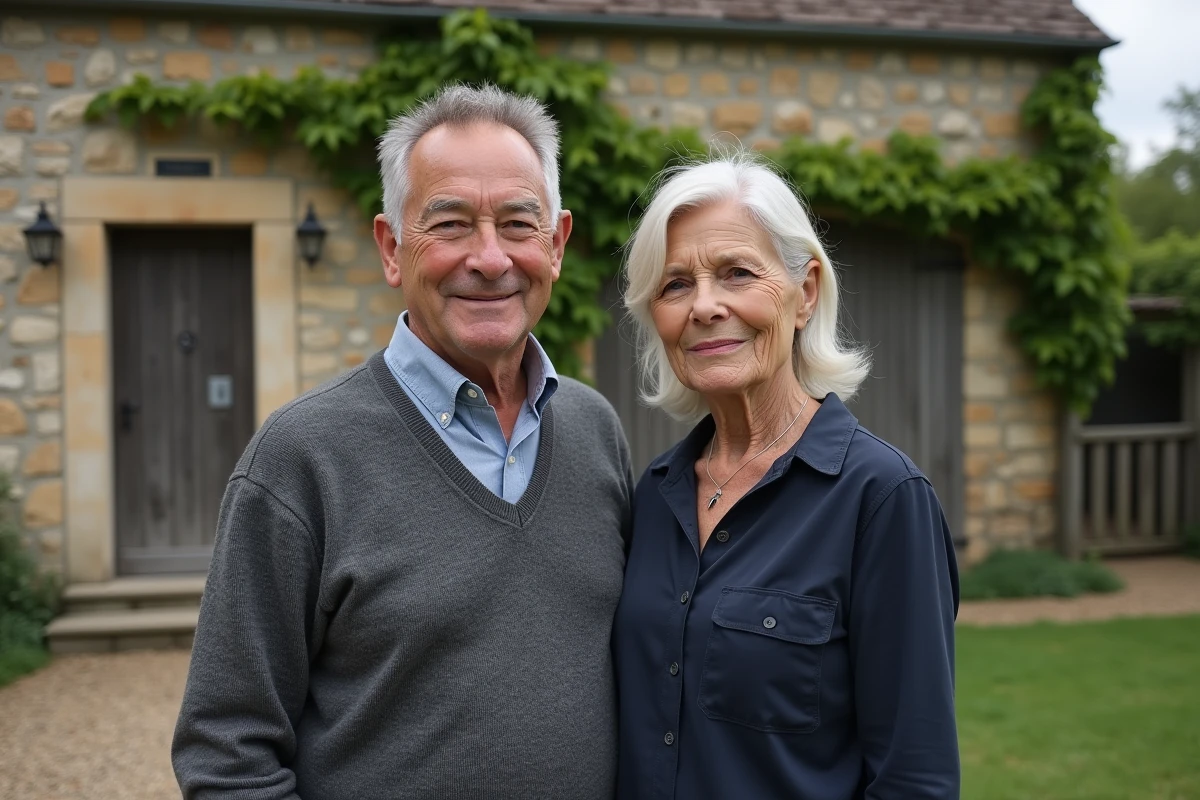 Couple de parents âgés devant une maison en pierre ancienne dans un village rural français