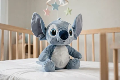 Peluche Stitch bleue posée dans un berceau en bois dans une chambre de bébé apaisante