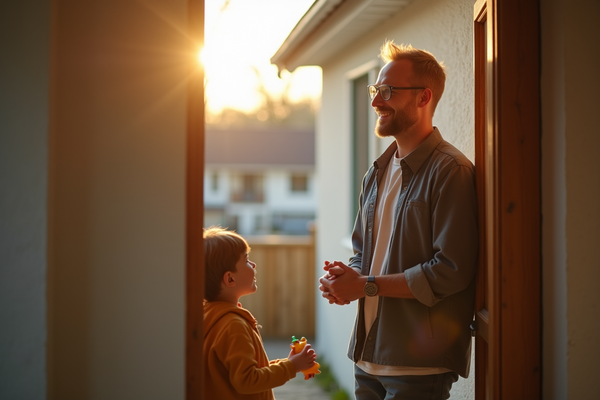 Père attendant à la porte avec un sourire espérant